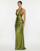 Endellion | Satin Halter Maxi Dress – Evening Plunge Neck Draped Bust Floor Length
