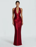 Endellion | Satin Halter Maxi Dress – Evening Plunge Neck Draped Bust Floor Length