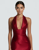 Endellion | Satin Halter Maxi Dress – Evening Plunge Neck Draped Bust Floor Length
