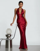 Endellion | Satin Halter Maxi Dress – Evening Plunge Neck Draped Bust Floor Length