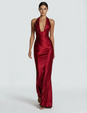 Endellion | Satin Halter Maxi Dress – Evening Plunge Neck Draped Bust Floor Length