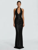 Endellion | Satin Halter Maxi Dress – Evening Plunge Neck Draped Bust Floor Length