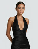 Endellion | Satin Halter Maxi Dress – Evening Plunge Neck Draped Bust Floor Length