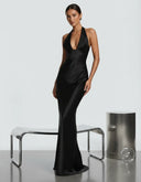 Endellion | Satin Halter Maxi Dress – Evening Plunge Neck Draped Bust Floor Length