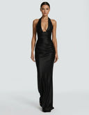 Endellion | Satin Halter Maxi Dress – Evening Plunge Neck Draped Bust Floor Length