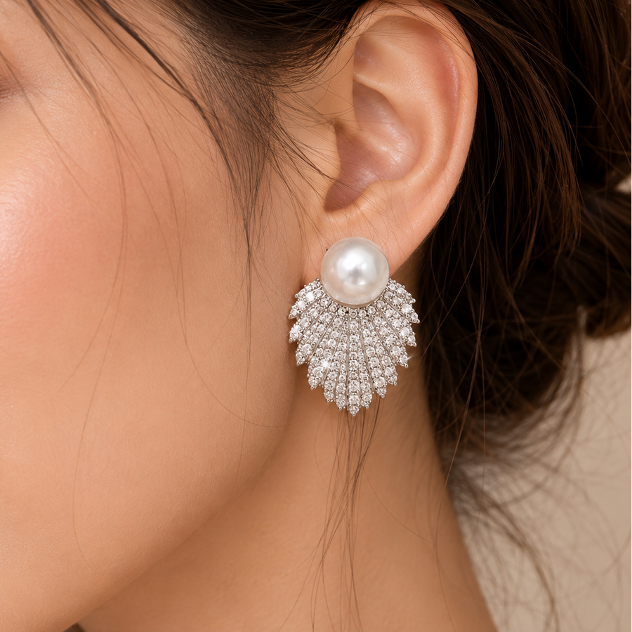 Estefania | Faux Pearl Stud Earrings – Evening Crystal Fan Statement Drop Pair