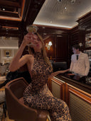 Estelle | Leopard Print High Neck Maxi – Sleeveless Ruched Bodycon Evening Dress