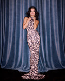 Estelle | Leopard Print High Neck Maxi – Sleeveless Ruched Bodycon Evening Dress