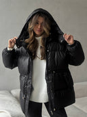Esther | Quilted Puffer Jacket – Hooded Drawstring Waist Snap Front
