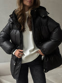 Esther | Quilted Puffer Jacket – Hooded Drawstring Waist Snap Front