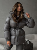 Esther | Quilted Puffer Jacket – Hooded Drawstring Waist Snap Front
