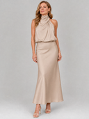 Eudora | Draped Solid Midi Dress – Wedding Guest High Neck Sleeveless Halter