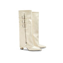 Evania | Buckle Knee High Boots – Casual Pointed Toe Side Zip Low Block Heel