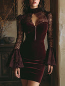 Evanna | Lace Velvet Mini Dress – Evening High Neck Sheer Bell Sleeve Zip Front