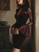 Evanna | Lace Velvet Mini Dress – Evening High Neck Sheer Bell Sleeve Zip Front