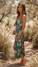 Evelina | Floral Satin Midi Dress – Spaghetti Strap Tie Front Cut Out Split Summer