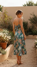 Evelina | Floral Satin Midi Dress – Spaghetti Strap Tie Front Cut Out Split Summer