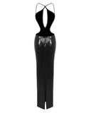 Evelynn | Sequin Halter Neck Maxi – Deep V Cut Out Backless Evening Party Dress