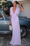 Fallon | Deep V Neck Ruffle Chiffon Maxi – Sleeveless Fitted Evening Dress