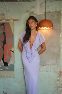 Fallon | Deep V Neck Ruffle Chiffon Maxi – Sleeveless Fitted Evening Dress