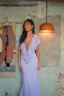 Fallon | Deep V Neck Ruffle Chiffon Maxi – Sleeveless Fitted Evening Dress