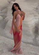Fayah | Ombre Print Spaghetti Strap Satin Maxi – Scarf Neck Open Back Dress