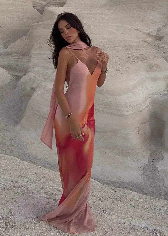 Fayah | Ombre Print Spaghetti Strap Satin Maxi – Scarf Neck Open Back Dress