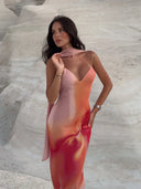 Fayah | Ombre Print Spaghetti Strap Satin Maxi – Scarf Neck Open Back Dress