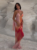 Fayah | Ombre Print Spaghetti Strap Satin Maxi – Scarf Neck Open Back Dress