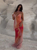 Fayah | Ombre Print Spaghetti Strap Satin Maxi – Scarf Neck Open Back Dress