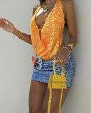 Faye | Sequin Halter – Deep V Neck Disc Sequin Sleeveless Going Out Party Top