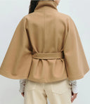 Felicia | Cape Solid Jacket – Belted High Neck Button Front Long Sleeve
