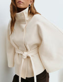 Felicia | Cape Solid Jacket – Belted High Neck Button Front Long Sleeve