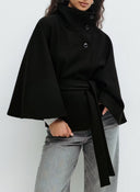 Felicia | Cape Solid Jacket – Belted High Neck Button Front Long Sleeve
