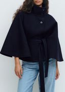 Felicia | Cape Solid Jacket – Belted High Neck Button Front Long Sleeve