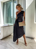 Felicity | Pleated Midi – One Shoulder Rose Detail Ruched Formal Wedding Guest Dress