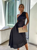 Felicity | Pleated Midi – One Shoulder Rose Detail Ruched Formal Wedding Guest Dress