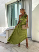 Felicity | Pleated Midi – One Shoulder Rose Detail Ruched Formal Wedding Guest Dress