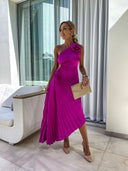 Felicity | Pleated Midi – One Shoulder Rose Detail Ruched Formal Wedding Guest Dress