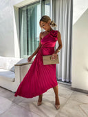 Felicity | Pleated Midi – One Shoulder Rose Detail Ruched Formal Wedding Guest Dress