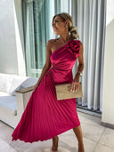 Felicity | Pleated Midi – One Shoulder Rose Detail Ruched Formal Wedding Guest Dress
