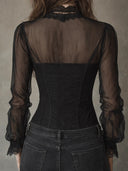 Fenella | Sheer Lace Trim Top – Evening Plunge Neck Long Sleeve Button Front