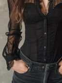 Fenella | Sheer Lace Trim Top – Evening Plunge Neck Long Sleeve Button Front