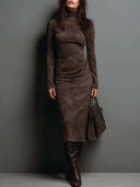 Frances | Suede Effect Midi Dress – Casual Turtleneck Long Sleeve Seamed Front