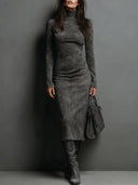 Frances | Suede Effect Midi Dress – Casual Turtleneck Long Sleeve Seamed Front