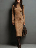 Frances | Suede Effect Midi Dress – Casual Turtleneck Long Sleeve Seamed Front