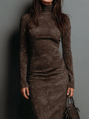 Frances | Suede Effect Midi Dress – Casual Turtleneck Long Sleeve Seamed Front