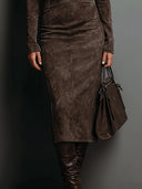 Frances | Suede Effect Midi Dress – Casual Turtleneck Long Sleeve Seamed Front