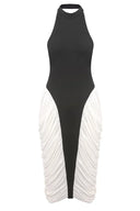 Francesca | Halter Neck Two Tone Midi – Pleated Contrast Panel Formal Summer Dress