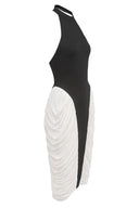 Francesca | Halter Neck Two Tone Midi – Pleated Contrast Panel Formal Summer Dress